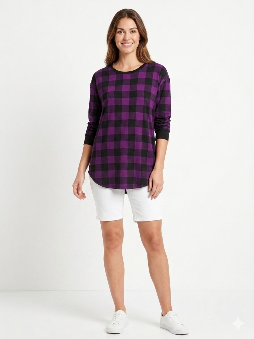 Women's Purple and Black Plaid Long-Sleeve Halloween Theme Up To Size 3XL